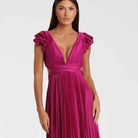 Ieena for Mac Duggal Purple Pleated Ruffled Cap Sleeve Cut Out Lace Up Gown - Picture 1 of 12
